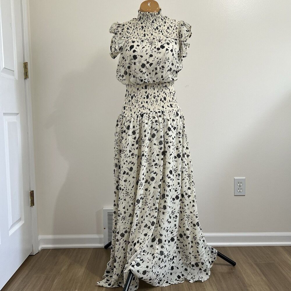Lulus Cream Floral Smocked Maxi Dress XS